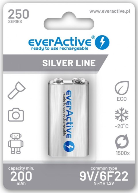 Akumulatorek 6F22 Ni-MH everActive 9V 250mAh Silver Line (1 szt.) Akumulatorek 6F22 Ni-MH everActive 9V 250mAh Silver Line (1 szt.)