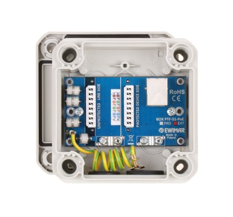 Zewnętrzne zabezpieczenie przeciwprzepięciowe IP serii EXTREME z ochroną PoE EWIMAR BOX-1-PTF-51-EXT/PoE Zewnętrzne zabezpieczenie przeciwprzepięciowe IP serii EXTREME z ochroną PoE EWIMAR BOX-1-PTF-51-EXT/PoE