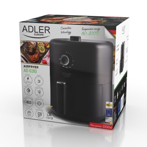 Adler | AD 6310 | Airfryer | Moc 2200 W | Pojemność 3 L | Technologia cyrkulacji gorącego powietrza | Czarny Adler | AD 6310 | Airfryer | Moc 2200 W | Pojemność 3 L | Technologia cyrkulacji gorącego powietrza | Czarny