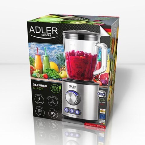 Adler | Blender | AD 4078 | Tabletop | 1700 W | Materiał słoika Szkło | Pojemność słoika 1,5 L | Kruszenie lodu | Stal nierdzewn Adler | Blender | AD 4078 | Tabletop | 1700 W | Materiał słoika Szkło | Pojemność słoika 1,5 L | Kruszenie lodu | Stal nierdzewn