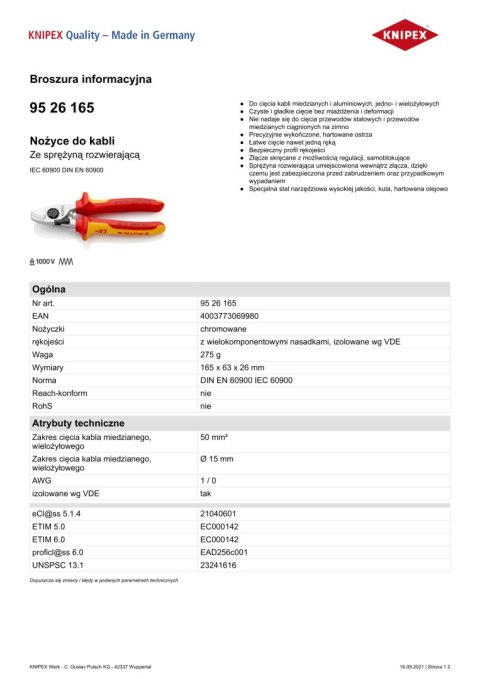 NOŻYCE DO KABLI ZE SPRĘŻYNĄ ROZWIERAJĄCĄ IZOLOWANE 165MM NOŻYCE DO KABLI ZE SPRĘŻYNĄ ROZWIERAJĄCĄ IZOLOWANE 165MM