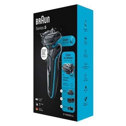 Braun | Golarka | 51-M4500cs | Czas pracy (maks.) 50 min | Na mokro i sucho | Czarny/niebieski Braun | Golarka | 51-M4500cs | Czas pracy (maks.) 50 min | Na mokro i sucho | Czarny/niebieski