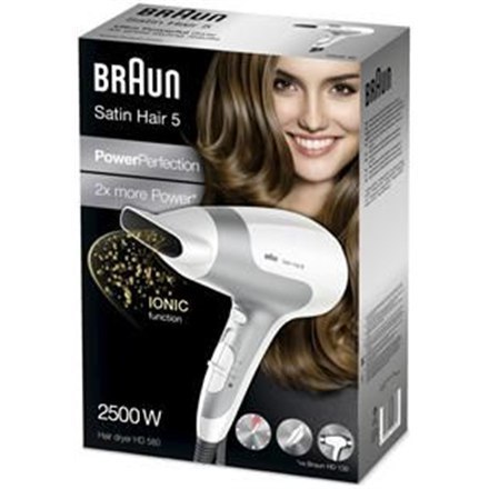Braun | Suszarka do włosów | Satin Hair 5 HD 580 | 2500 W | Liczba ustawień temperatury 3 | Funkcja jonizacji | Biały/srebrny Braun | Suszarka do włosów | Satin Hair 5 HD 580 | 2500 W | Liczba ustawień temperatury 3 | Funkcja jonizacji | Biały/srebrny