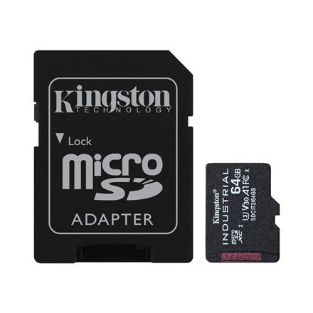 Kingston UHS-I | 64 GB | Karta przemysłowa microSDHC/SDXC | Klasa pamięci Flash Class 10, UHS-I, U3, V30, A1 | Adapter SD Kingston UHS-I | 64 GB | Karta przemysłowa microSDHC/SDXC | Klasa pamięci Flash Class 10, UHS-I, U3, V30, A1 | Adapter SD