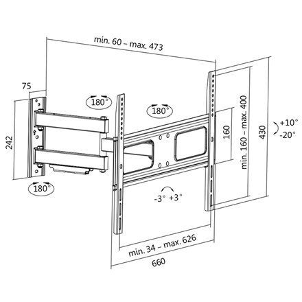 Logilink BP0019 Uchwyt ścienny do TV, 37"-70", pochylenie +10°-20°, obrót +-90°, 473 mm Logilink | Uchwyt ścienny | BP0019 | 37- Logilink BP0019 Uchwyt ścienny do TV, 37"-70", pochylenie +10°-20°, obrót +-90°, 473 mm Logilink | Uchwyt ścienny | BP0019 | 37-