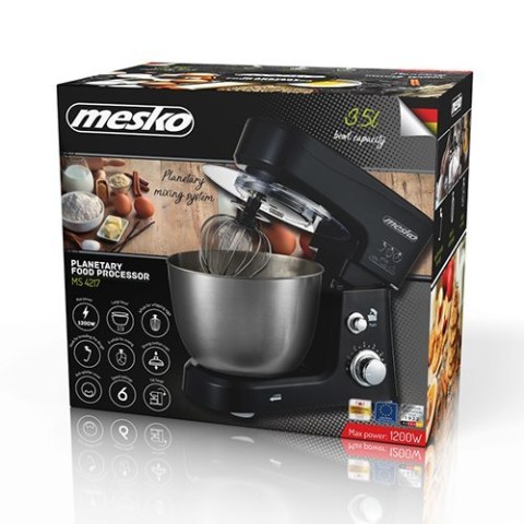 Mesko | MS 4217 | Pojemność misy 3,5 L | 1200 W | Liczba prędkości 6 | Materiał wałka | Stal nierdzewna/czarny Mesko | MS 4217 | Pojemność misy 3,5 L | 1200 W | Liczba prędkości 6 | Materiał wałka | Stal nierdzewna/czarny
