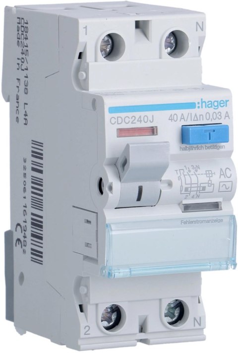 Wyłącznik różnicowoprądowy 1P+N 40A 30mA 6kA AC HAGER CDC240J Wyłącznik różnicowoprądowy 1P+N 40A 30mA 6kA AC HAGER CDC240J