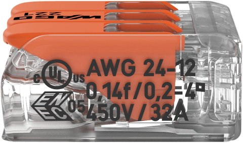 Szybkozłączka uniwersalna LINKA/DRUT 3x 0,2-4mm2 WAGO 221-413 (Paczka 50szt.) Szybkozłączka uniwersalna LINKA/DRUT 3x 0,2-4mm2 WAGO 221-413 (Paczka 50szt.)