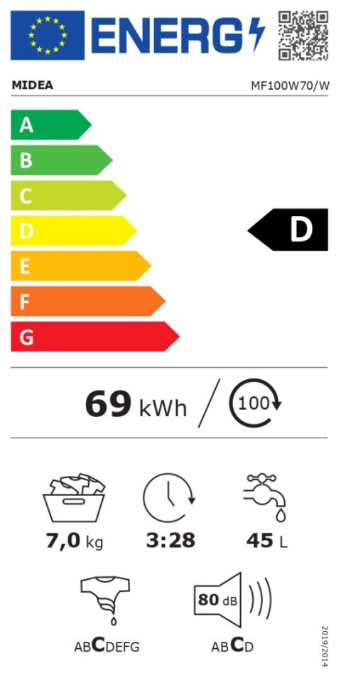 Pralka Midea | MF100W70/W | Klasa efektywności energetycznej D | Ładowana od frontu | Pojemność prania 7 kg | 1200 obr/min | Głę Pralka Midea | MF100W70/W | Klasa efektywności energetycznej D | Ładowana od frontu | Pojemność prania 7 kg | 1200 obr/min | Głę