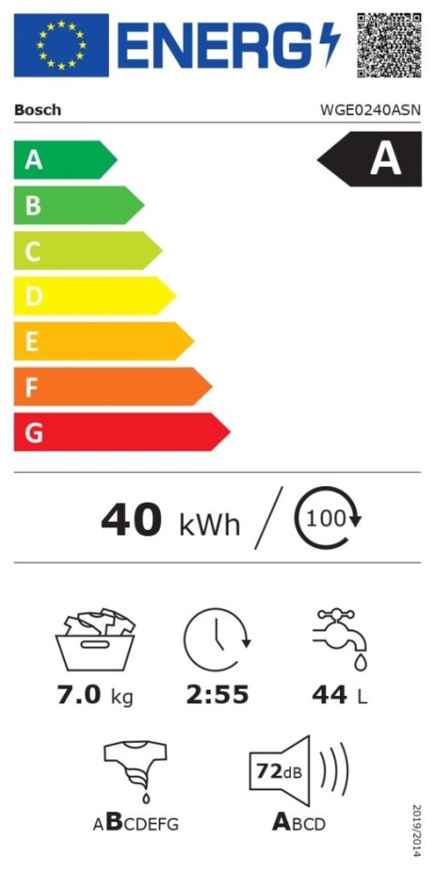Pralka Bosch | WGE0240ASN | Klasa efektywności energetycznej A | Ładowana od frontu | Pojemność prania 7 kg | 1400 obr/min | Głę Pralka Bosch | WGE0240ASN | Klasa efektywności energetycznej A | Ładowana od frontu | Pojemność prania 7 kg | 1400 obr/min | Głę