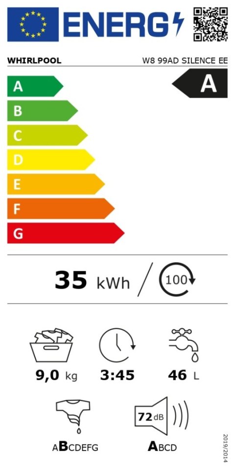 Pralka Whirlpool | W8 99AD SILENCE EE | Klasa efektywności energetycznej A | Ładowana od frontu | Pojemność prania 9 kg | 1400 o Pralka Whirlpool | W8 99AD SILENCE EE | Klasa efektywności energetycznej A | Ładowana od frontu | Pojemność prania 9 kg | 1400 o