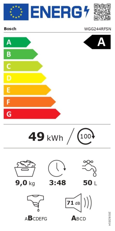 Bosch Washing Machine | WGG244RFSN | Energy efficiency class A | Front loading | Washing capacity 9 kg | 1400 RPM | Depth 59 cm Bosch Washing Machine | WGG244RFSN | Energy efficiency class A | Front loading | Washing capacity 9 kg | 1400 RPM | Depth 59 cm