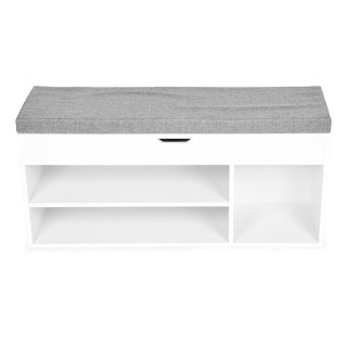 Szafka na buty z szarą poduszką i otwieranym siedziskiem 3 półki biała ModernHome