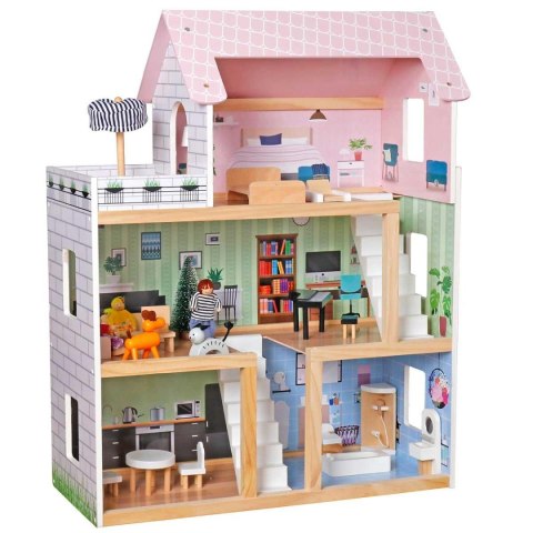 DOMEK DLA LALEK DREWNIANY LED 62x27x77CM + 3 LALKI + 2 ZWIERZĄTKA