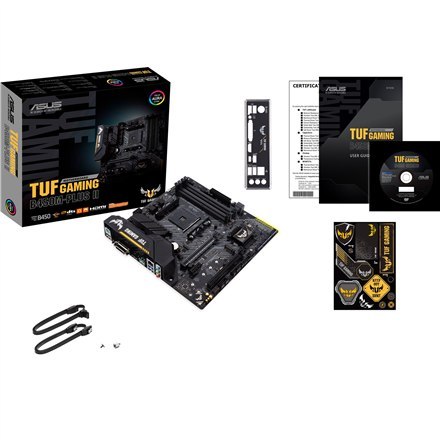 Asus | TUF GAMING B450M-PLUS II | Gniazda pamięci 4 | Liczba złączy SATA 6 x SATA III | Chipset AMD B | Micro ATX | Rodzina proc