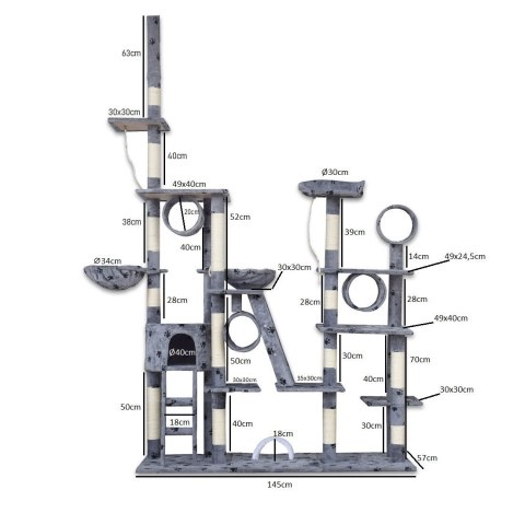 DRAPAK DLA KOTA XXL DUŻY 255cm WIEŻA HAMAK TUBA DOMEK JASNY SZARY W ŁAPKI
