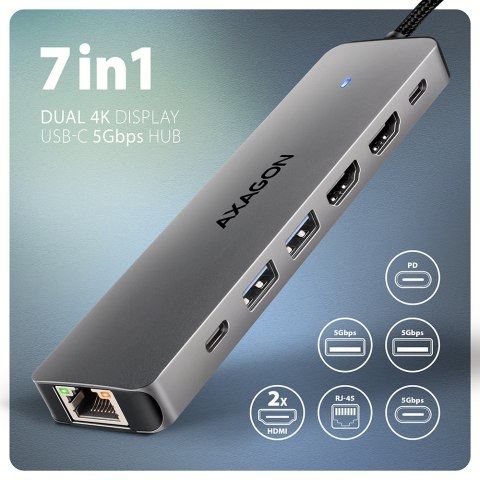 AXAGON USB-C 5Gbps DUAL 4K DISPLAY 7in1 Hub | HMC-7HX2