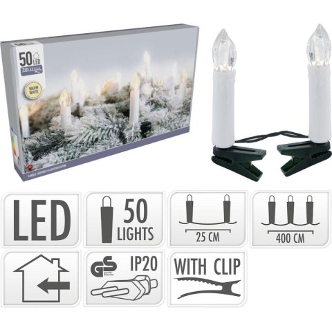 LAMPKI CHOINKOWE ŁAŃCUCH ŚWIETLNY ŚWIECZKI 50 LED CIEPŁY BIAŁY