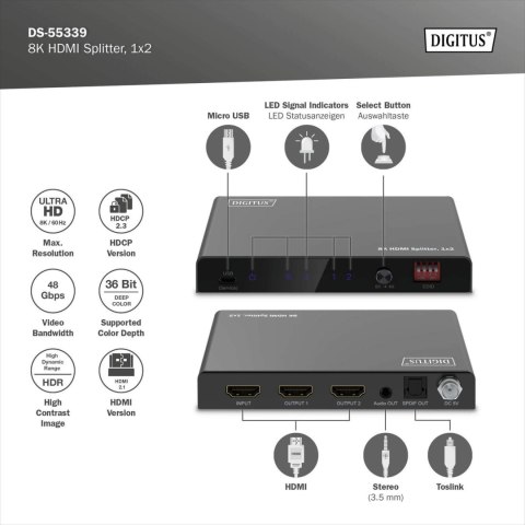 Digitus 8K HDMI Splitter, 1x2 | DS-55339 | Black
