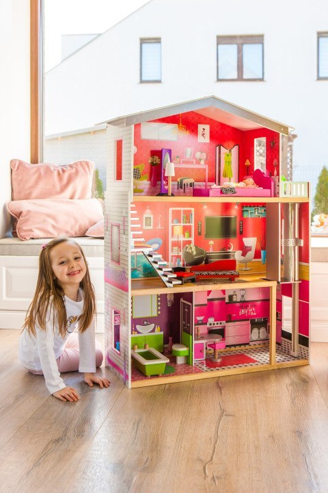 Duży drewniany domek z windą dla lalek - Rezydencja Malibu ECOTOYS Duży drewniany domek z windą dla lalek - Rezydencja Malibu ECOTOYS