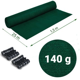 Siatka cieniująca 1,5x25m 140g/m2 + 50 zacisków zielona