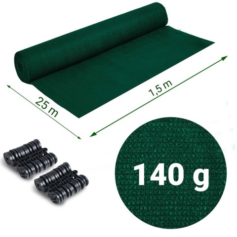 Siatka cieniująca 1,5x25m 140g/m2 + 50 zacisków zielona Siatka cieniująca 1,5x25m 140g/m2 + 50 zacisków zielona