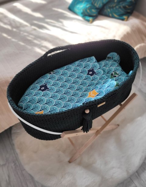 Kosz Mojżesza BOHO bawełniany Handmade z materacykiem - butelkowa zieleń