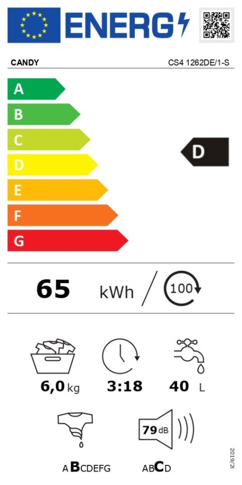 Pralka | CS4 1262DE/1-S | Klasa efektywności energetycznej D | Ładowana od frontu | Pojemność prania 6 kg | 1200 obr/min | Głębo