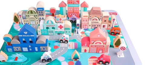 Drewniane klocki edukacyjne miasto z matą 115 szt ECOTOYS Drewniane klocki edukacyjne miasto z matą 115 szt ECOTOYS