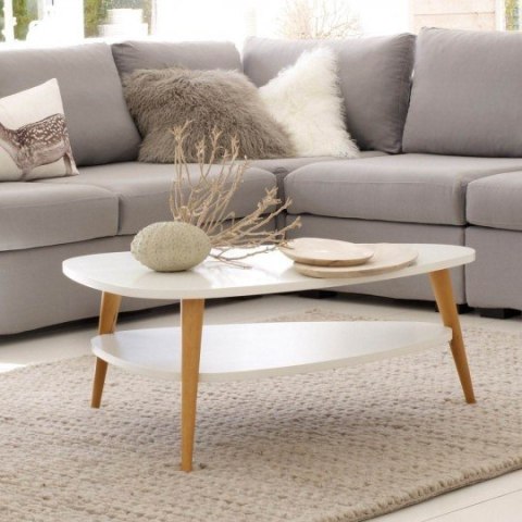 Nowoczesny stolik kawowy półka drewniane nogi biały ModernHome Nowoczesny stolik kawowy półka drewniane nogi biały ModernHome