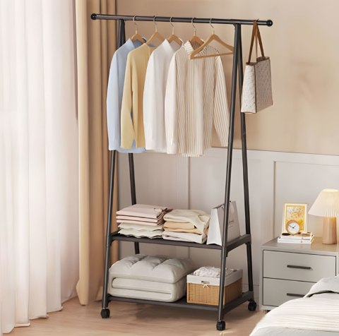 Wieszak stojący stojak na kółkach z 2 półkami na ubrania buty ModernHome Wieszak stojący stojak na kółkach z 2 półkami na ubrania buty ModernHome