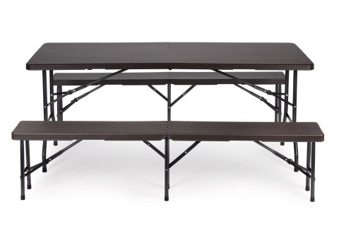 Zestaw cateringowy stół bankietowy 180 cm 2 ławki ratan brąz ModernHome Zestaw cateringowy stół bankietowy 180 cm 2 ławki ratan brąz ModernHome