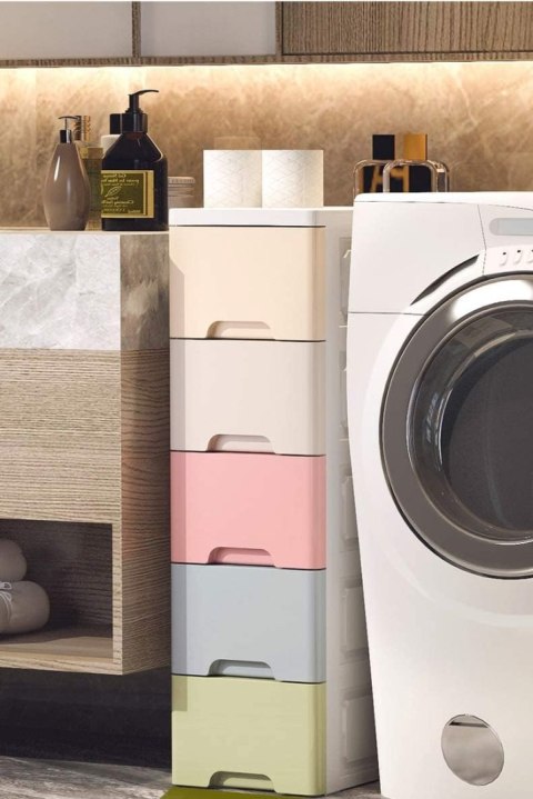 Regał z 5 wysuwanymi szufladami nogi z kółkami ModernHome Regał z 5 wysuwanymi szufladami nogi z kółkami ModernHome