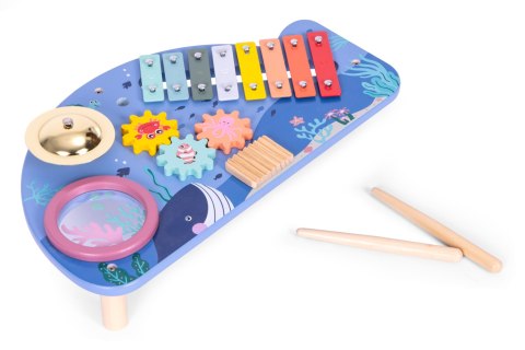 Stolik z instrumentami stół muzyczny cymbałki talerz perkusyjny tarka motyw morski ECOTOYS Stolik z instrumentami stół muzyczny cymbałki talerz perkusyjny tarka motyw morski ECOTOYS