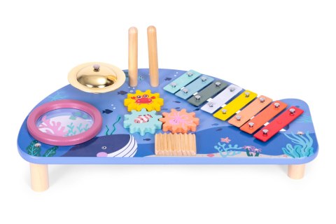 Stolik z instrumentami stół muzyczny cymbałki talerz perkusyjny tarka motyw morski ECOTOYS Stolik z instrumentami stół muzyczny cymbałki talerz perkusyjny tarka motyw morski ECOTOYS