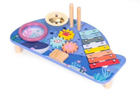 Stolik z instrumentami stół muzyczny cymbałki talerz perkusyjny tarka motyw morski ECOTOYS Stolik z instrumentami stół muzyczny cymbałki talerz perkusyjny tarka motyw morski ECOTOYS