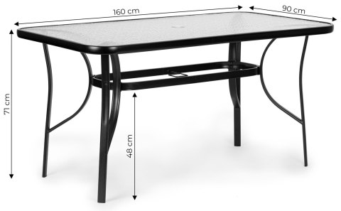 Stół ogrodowy 160x90 cm szkło hartowane duży blat na taras ogród otwór na parasol MultiGarden Stół ogrodowy 160x90 cm szkło hartowane duży blat na taras ogród otwór na parasol MultiGarden