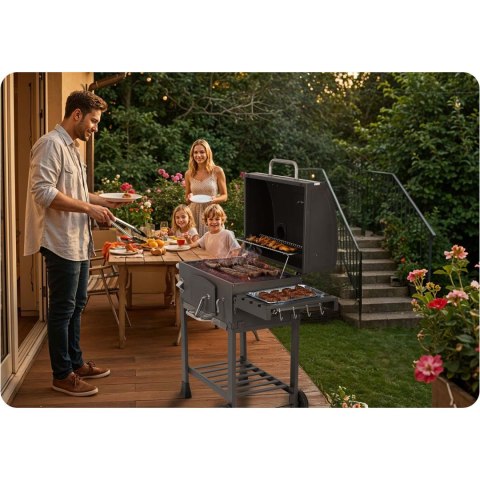 Grill węglowy na ogród działkę duży ruszt termometr komin kółka solidny Grill węglowy na ogród działkę duży ruszt termometr komin kółka solidny