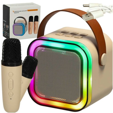 Zestaw do karaoke 2 mikrofony + głośnik przenośny BLUETOOTH USB LED beżowy Zestaw do karaoke 2 mikrofony + głośnik przenośny BLUETOOTH USB LED beżowy