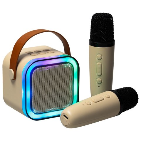 Zestaw do karaoke 2 mikrofony + głośnik przenośny BLUETOOTH USB LED beżowy Zestaw do karaoke 2 mikrofony + głośnik przenośny BLUETOOTH USB LED beżowy
