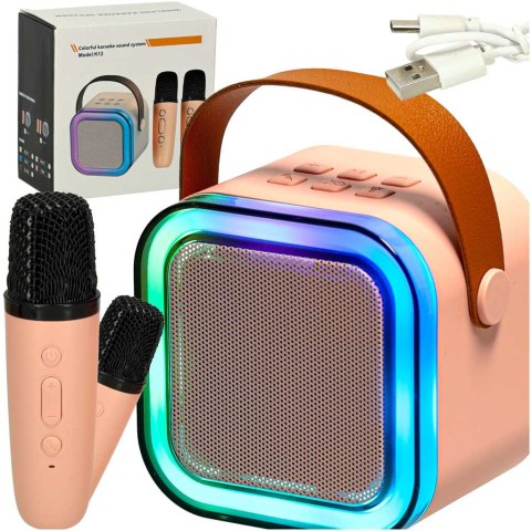 Zestaw do karaoke 2 mikrofony + głośnik przenośny BLUETOOTH USB LED różowy Zestaw do karaoke 2 mikrofony + głośnik przenośny BLUETOOTH USB LED różowy