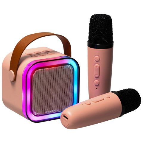 Zestaw do karaoke 2 mikrofony + głośnik przenośny BLUETOOTH USB LED różowy Zestaw do karaoke 2 mikrofony + głośnik przenośny BLUETOOTH USB LED różowy
