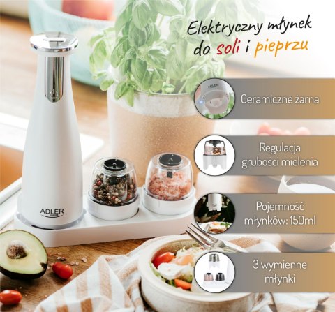 Zestaw 3 młynków do przypraw Adler AD 4449w młynek do pieprzu soli solniczka pieprzniczka elektryczny USB-C 1500 mAh Zestaw 3 młynków do przypraw Adler AD 4449w młynek do pieprzu soli solniczka pieprzniczka elektryczny USB-C 1500 mAh