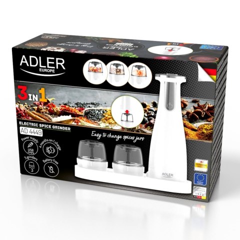 Zestaw 3 młynków do przypraw Adler AD 4449w młynek do pieprzu soli solniczka pieprzniczka elektryczny USB-C 1500 mAh Zestaw 3 młynków do przypraw Adler AD 4449w młynek do pieprzu soli solniczka pieprzniczka elektryczny USB-C 1500 mAh