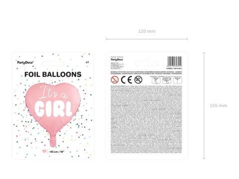 Balon foliowy "It's a girl" na baby shower serce różowe 48cm Balon foliowy "It's a girl" na baby shower serce różowe 48cm