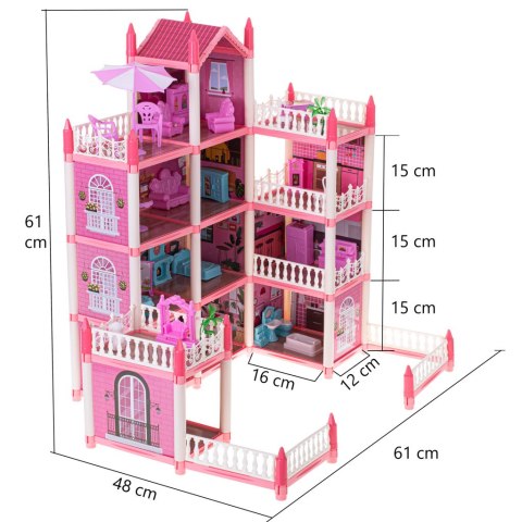 Domek dla lalek willa różowa DIY 4 poziomy mebelki 61cm Domek dla lalek willa różowa DIY 4 poziomy mebelki 61cm