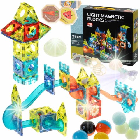 Klocki magnetyczne marble tor kulkowy świecący 75 elementów Klocki magnetyczne marble tor kulkowy świecący 75 elementów
