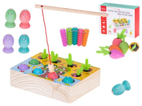 Gra drewniana montessori łowienie rybek marchewki robaczki Gra drewniana montessori łowienie rybek marchewki robaczki