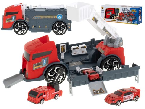 TIR laweta ciężarówka samochód transporter naczepa 2w1 parking resoraki straż pożarna 2 auta czerwone TIR laweta ciężarówka samochód transporter naczepa 2w1 parking resoraki straż pożarna 2 auta czerwone