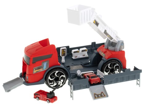 TIR laweta ciężarówka samochód transporter naczepa 2w1 parking resoraki straż pożarna 2 auta czerwone TIR laweta ciężarówka samochód transporter naczepa 2w1 parking resoraki straż pożarna 2 auta czerwone